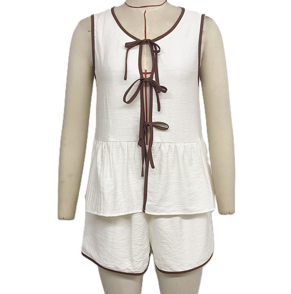 Contrast Bow Tie Peplum Top and Shorts Set - White - 1