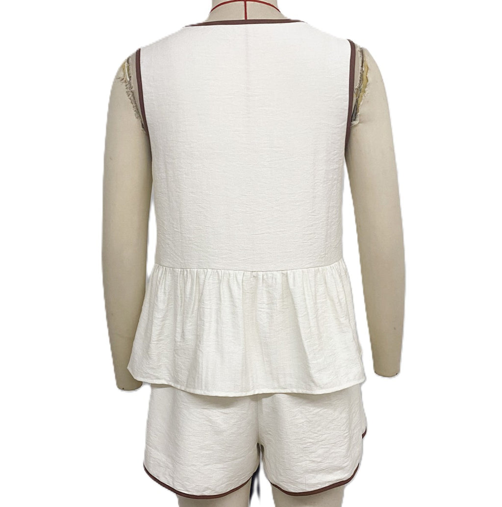 Contrast Bow Tie Peplum Top and Shorts Set - White - 2