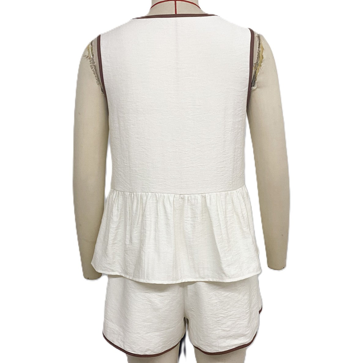 Contrast Bow Tie Peplum Top and Shorts Set - White - 2