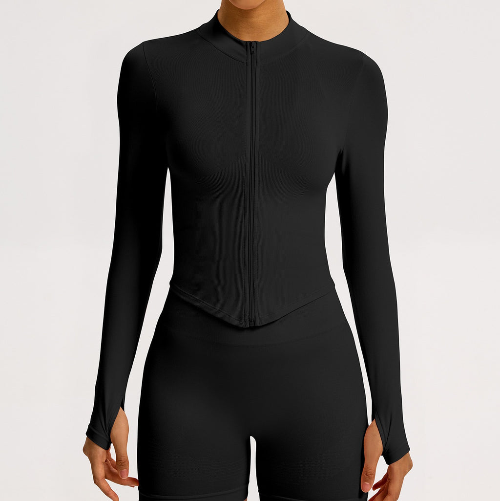 Ribbed Seamless Cropped Zip Up Workout Jacket - Black