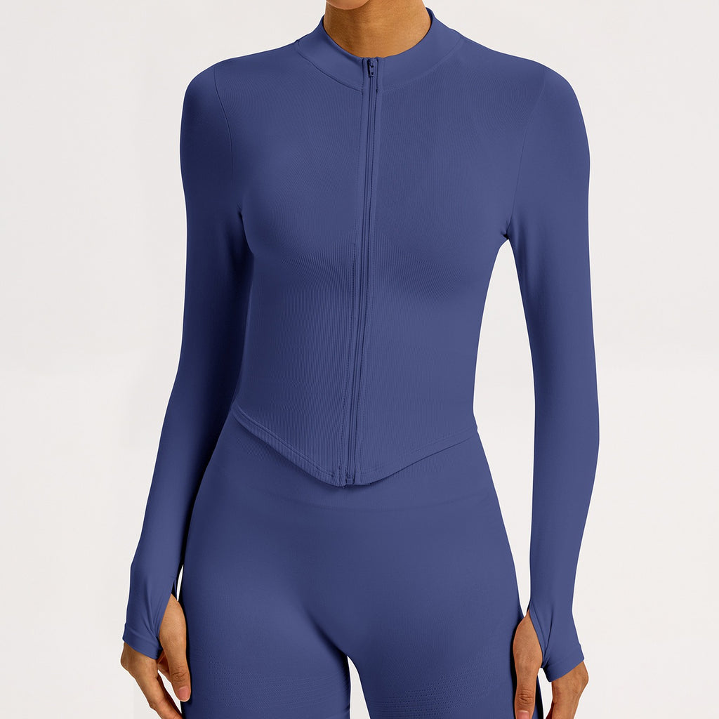 Ribbed Seamless Cropped Zip Up Workout Jacket - Indigo