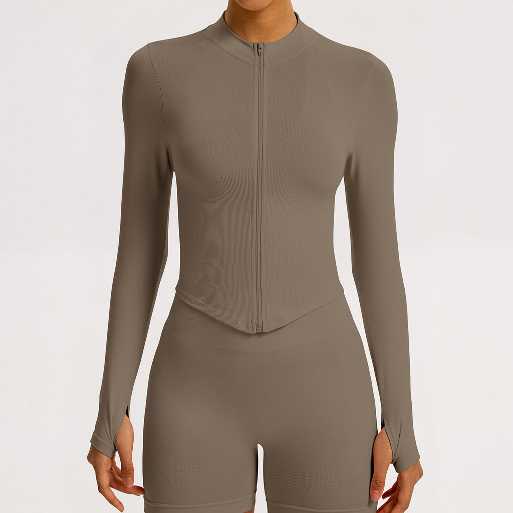 Ribbed Seamless Cropped Zip Up Workout Jacket - Khaki