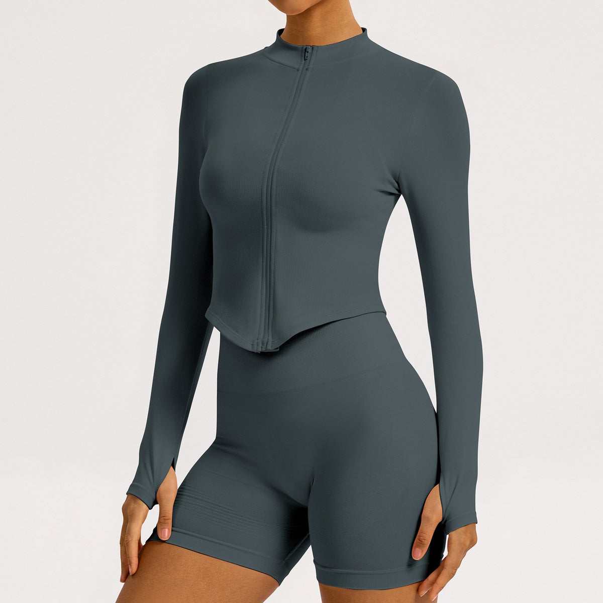 Ribbed Seamless Cropped Zip Up Workout Jacket - Slate Gray