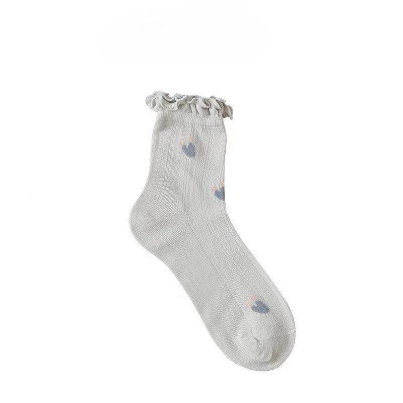 Cherry Embroidered Lettuce Trim Ankle Socks - GreyBlue