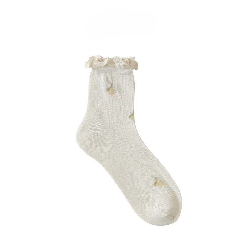 Cherry Embroidered Lettuce Trim Ankle Socks - MilkYellow