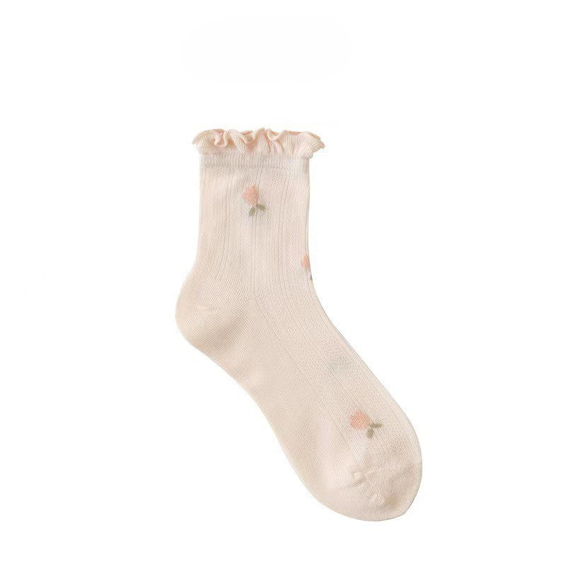 Cherry Embroidered Lettuce Trim Ankle Socks - Orange