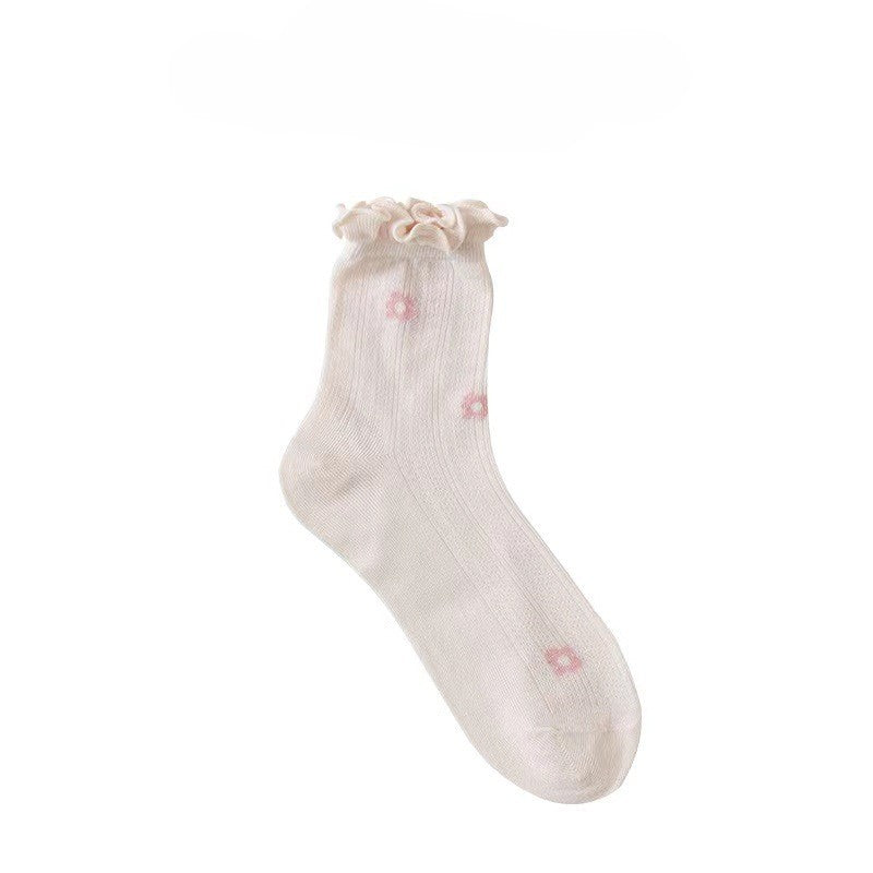 Cherry Embroidered Lettuce Trim Ankle Socks - Pink