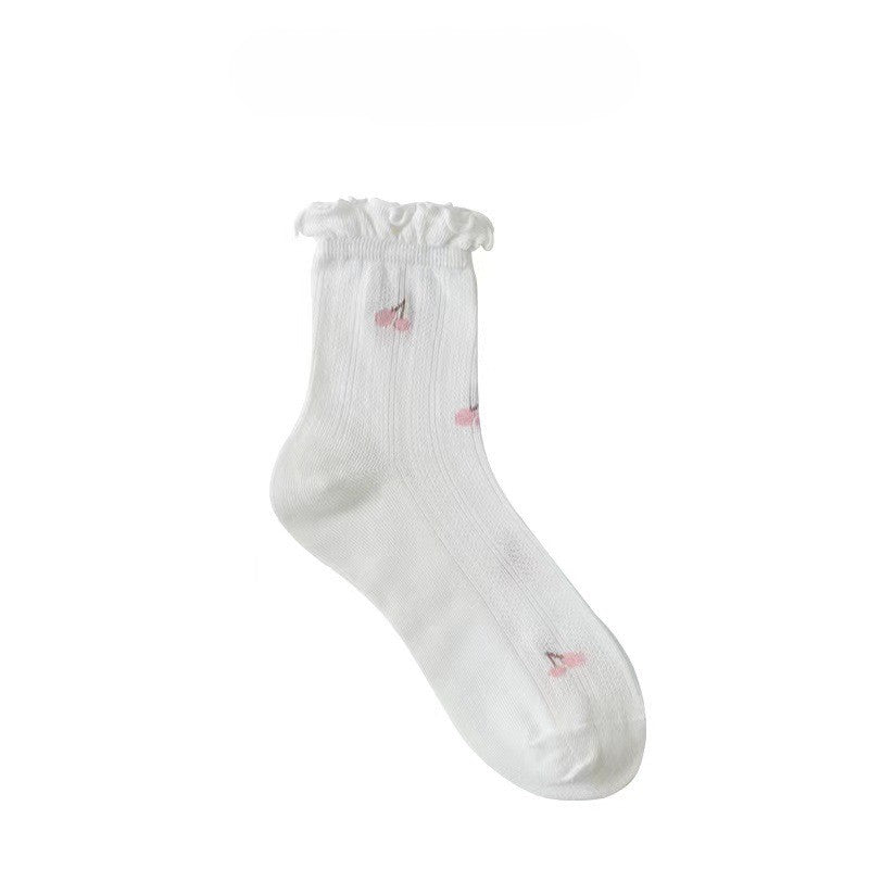 Cherry Embroidered Lettuce Trim Ankle Socks - White