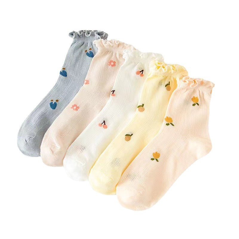 Cherry Embroidered Lettuce Trim Ankle Socks