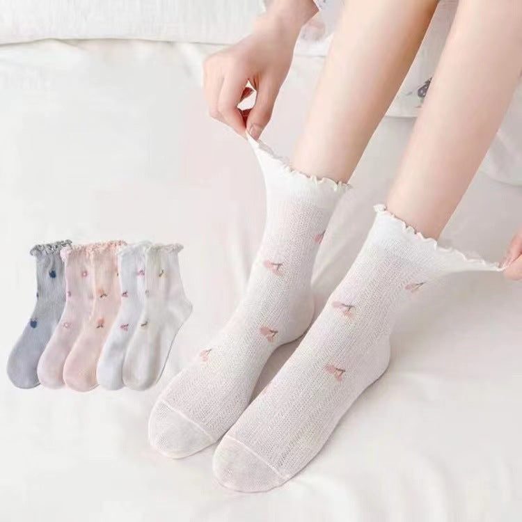 Cherry Embroidered Lettuce Trim Ankle Socks - view 1
