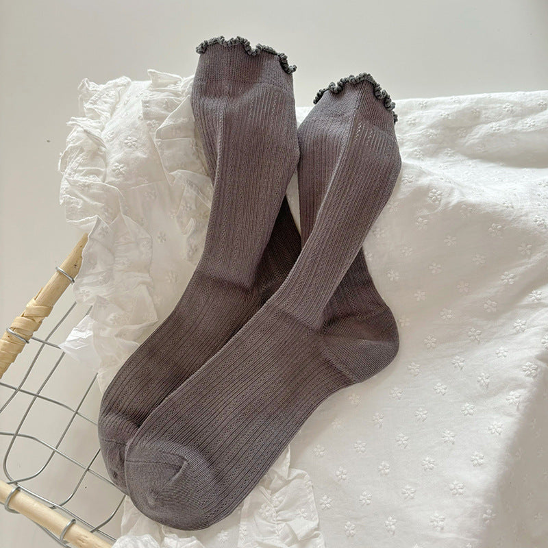 Airy Rib Knit Frill Cuff Socks - Ash