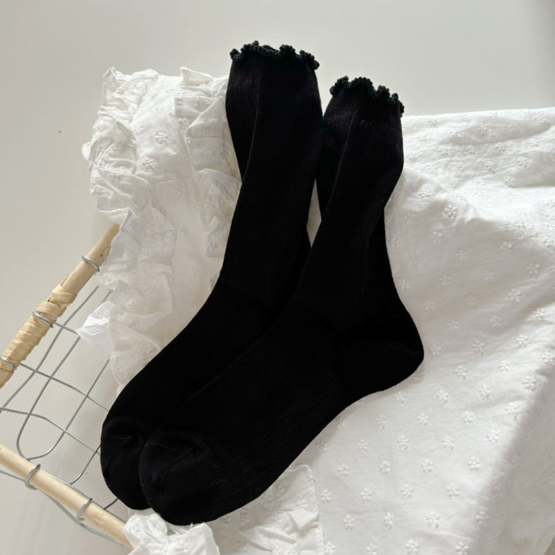 Airy Rib Knit Frill Cuff Socks - Black