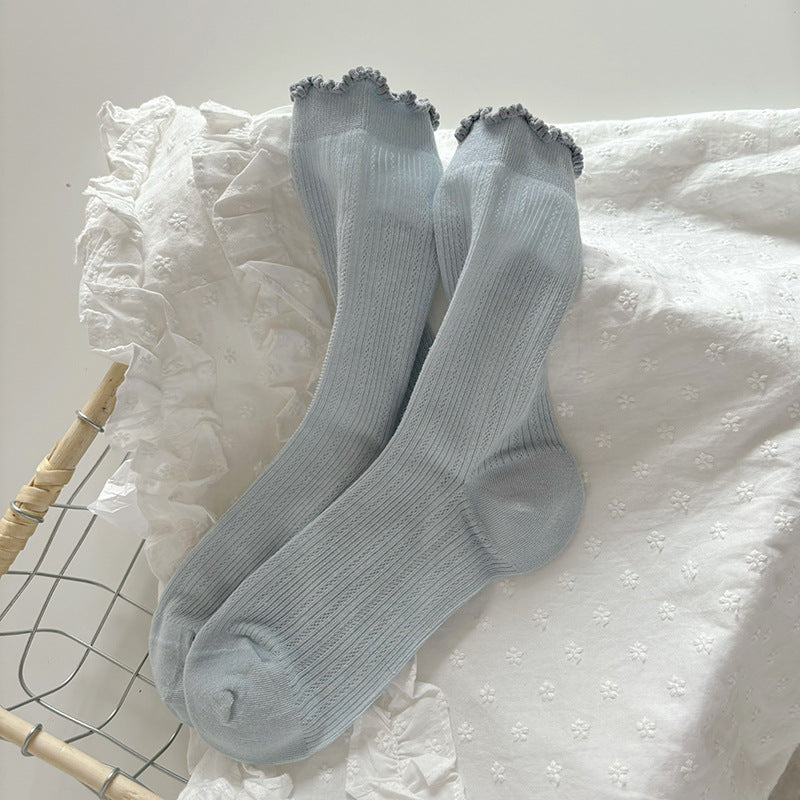 Airy Rib Knit Frill Cuff Socks - Blue