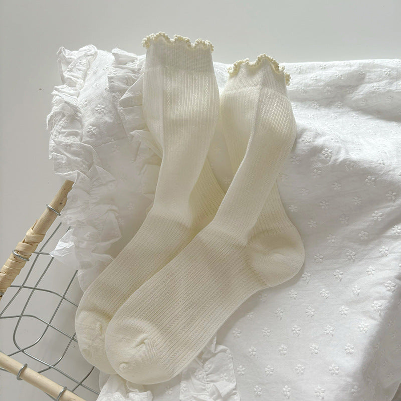Airy Rib Knit Frill Cuff Socks - Cream