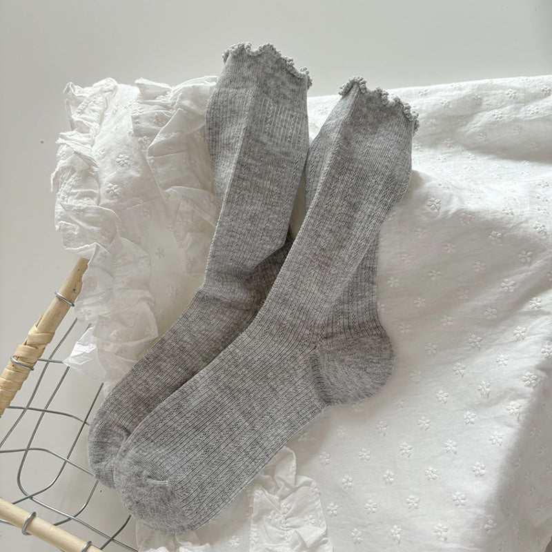 Airy Rib Knit Frill Cuff Socks - Gray