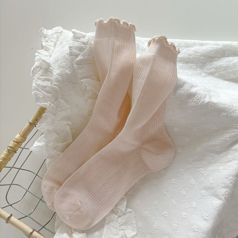 Airy Rib Knit Frill Cuff Socks - Pink