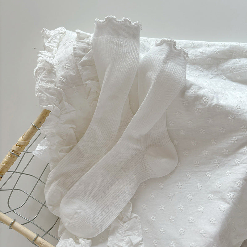 Airy Rib Knit Frill Cuff Socks - White - 1