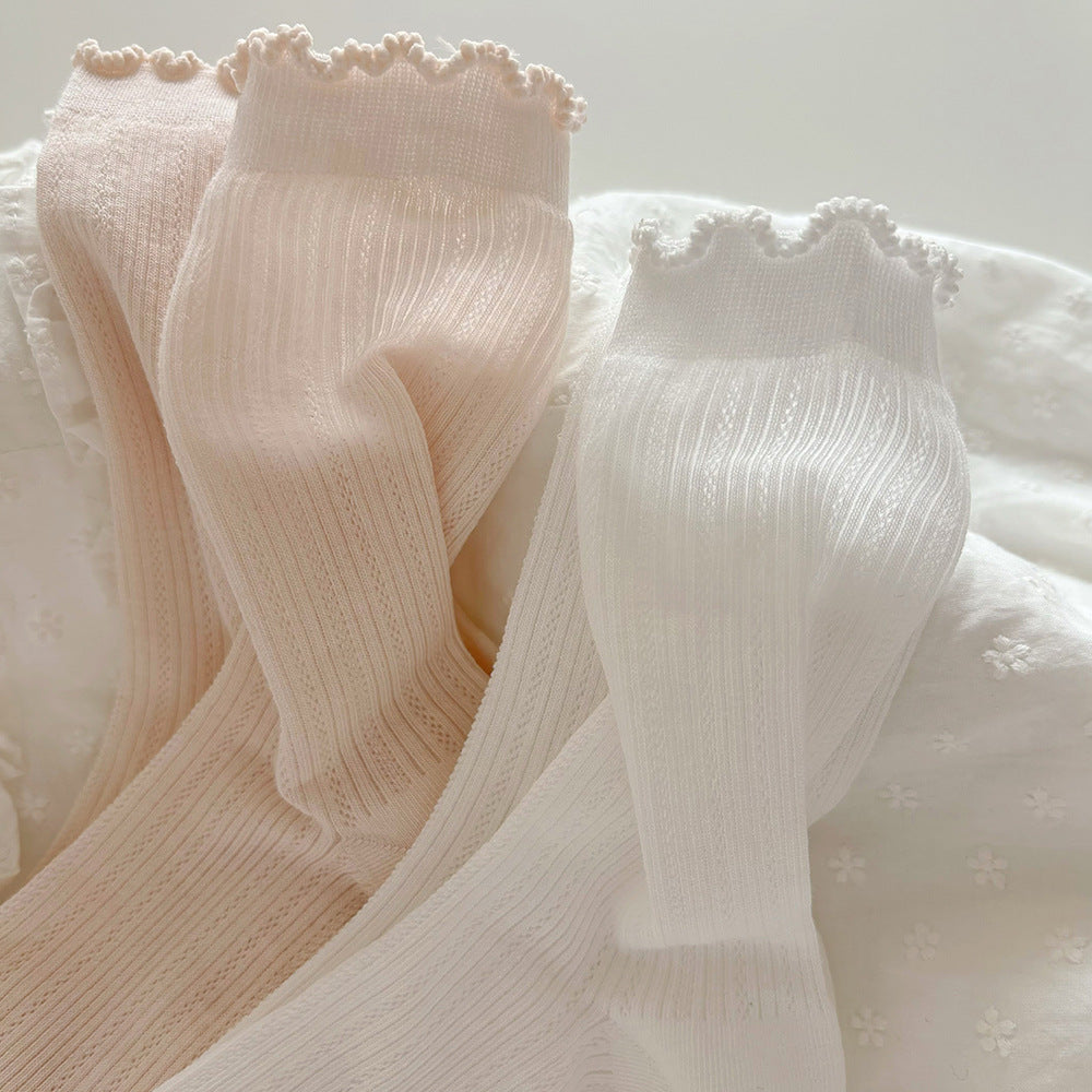 Airy Rib Knit Frill Cuff Socks - White - 2