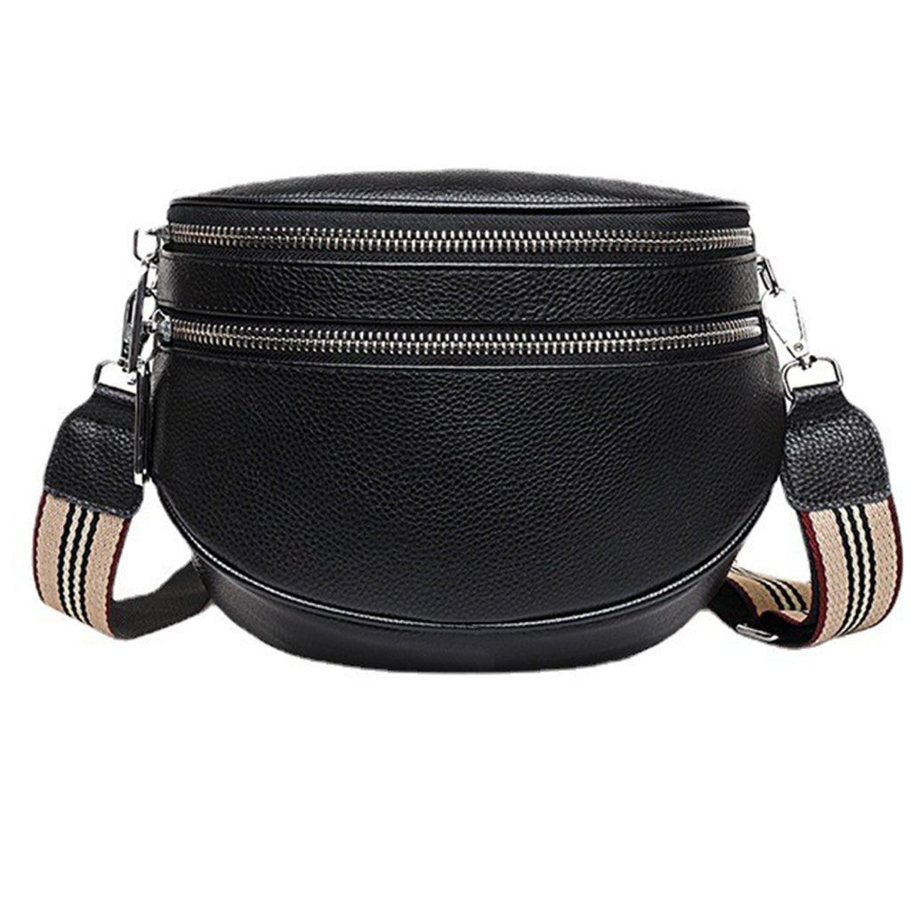 Pebbled Half Moon Crossbody Bag with Striped Strap