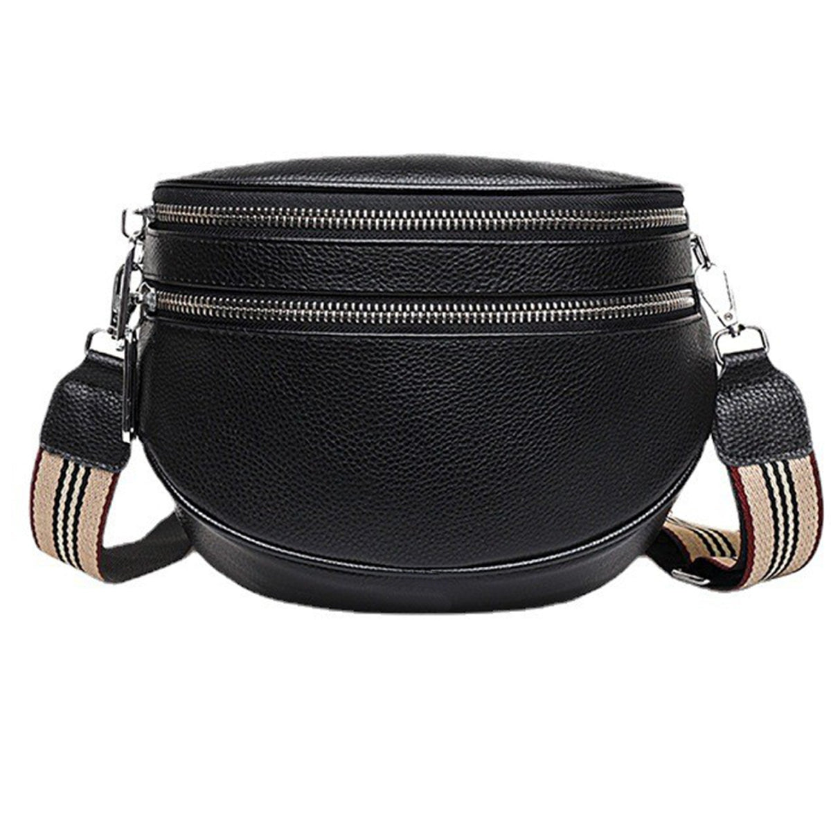 Pebbled Half Moon Crossbody Bag with Striped Strap