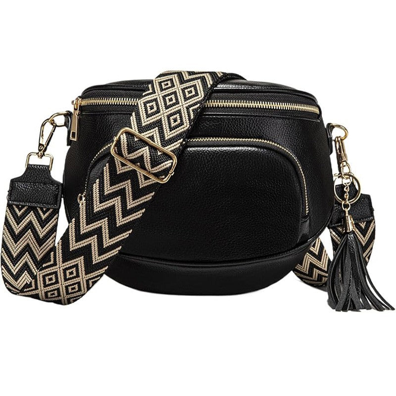 Pebbled Half Moon Crossbody Bag with Striped Strap