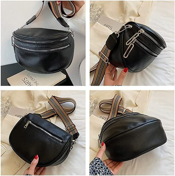 Pebbled Half Moon Crossbody Bag with Striped Strap