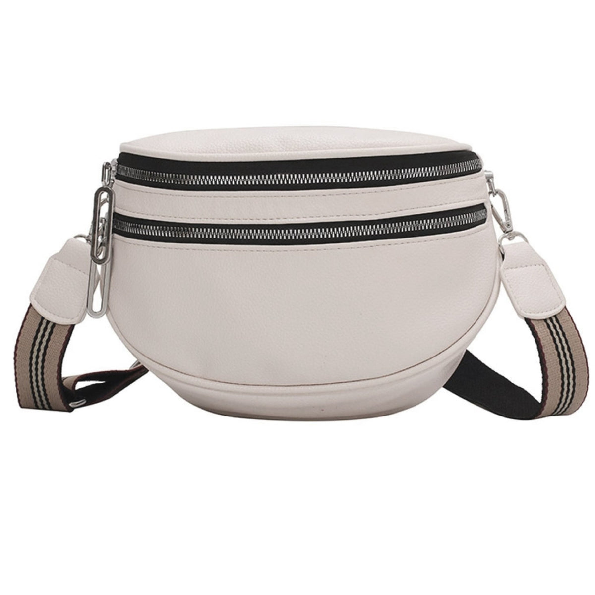 Pebbled Half Moon Crossbody Bag with Striped Strap