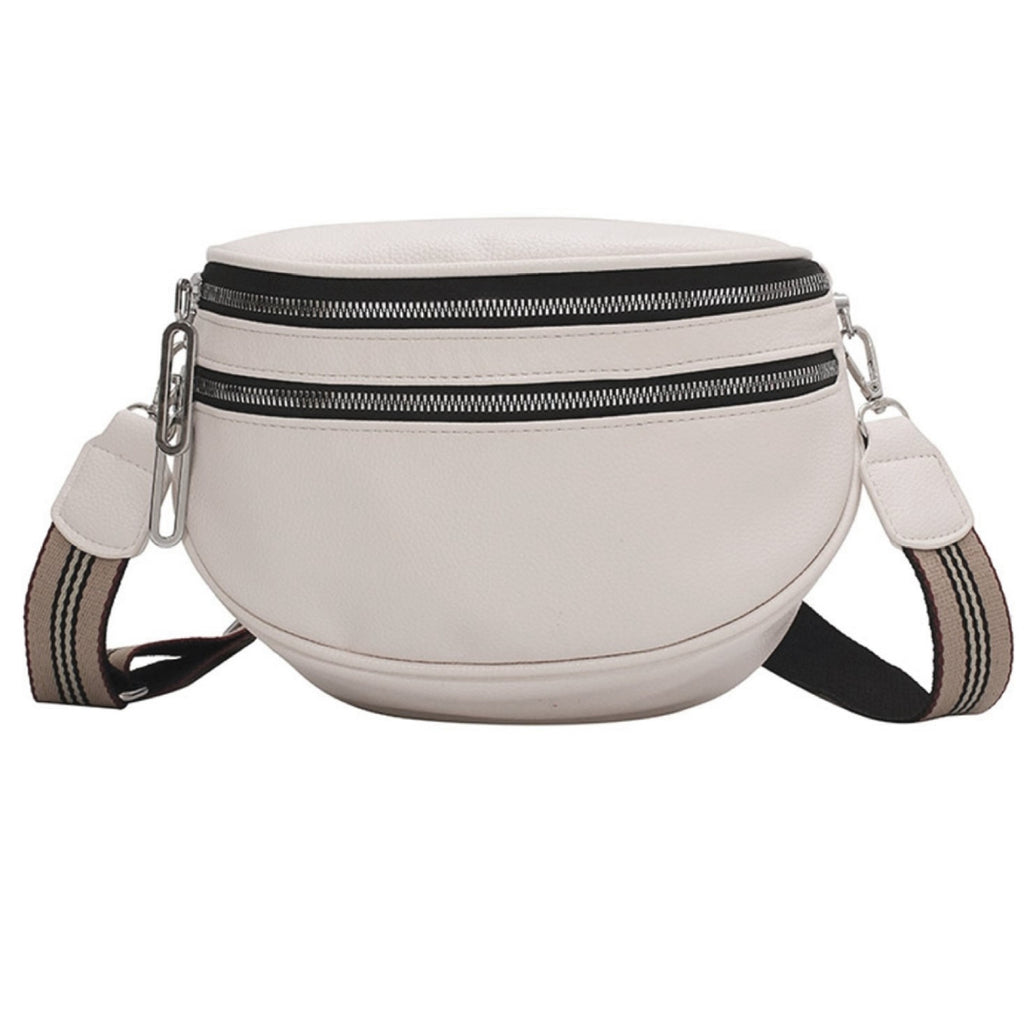 Pebbled Half Moon Crossbody Bag with Striped Strap