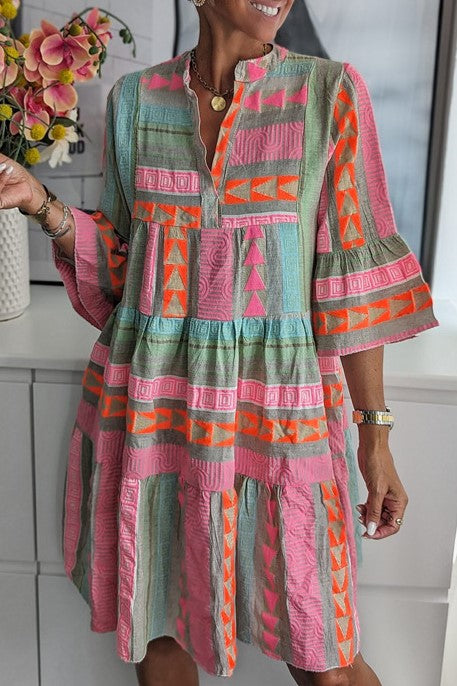 Geometric Print Tiered Babydoll Mini Dress - Pink