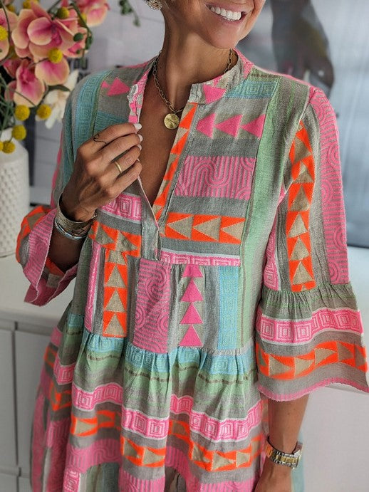 Geometric Print Tiered Babydoll Mini Dress - Pink - 1