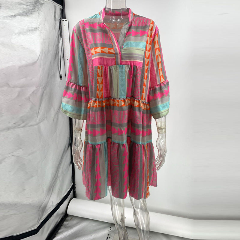 Geometric Print Tiered Babydoll Mini Dress - Pink - 3