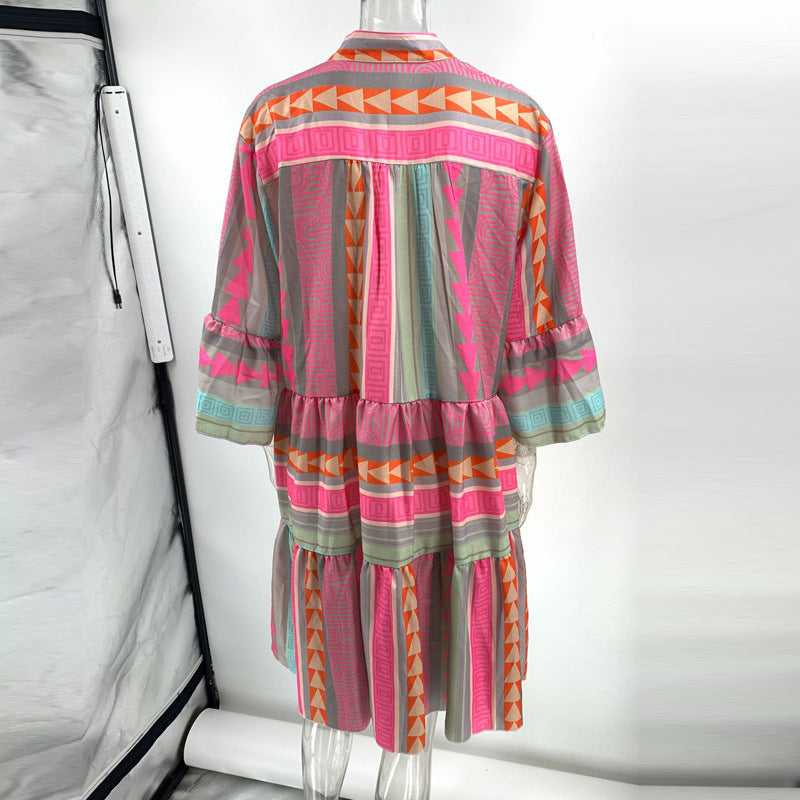 Geometric Print Tiered Babydoll Mini Dress - Pink - 4