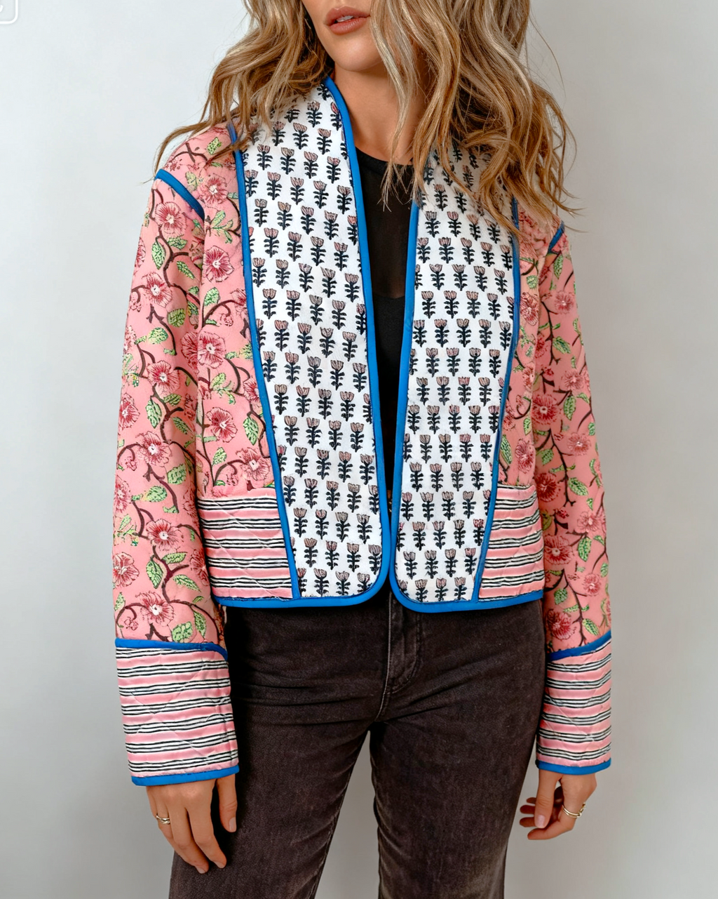 Boho Block Print Quilted Crop Jacket - Floral