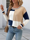 Color Block Patchwork Round Neck Knit Top - Blue