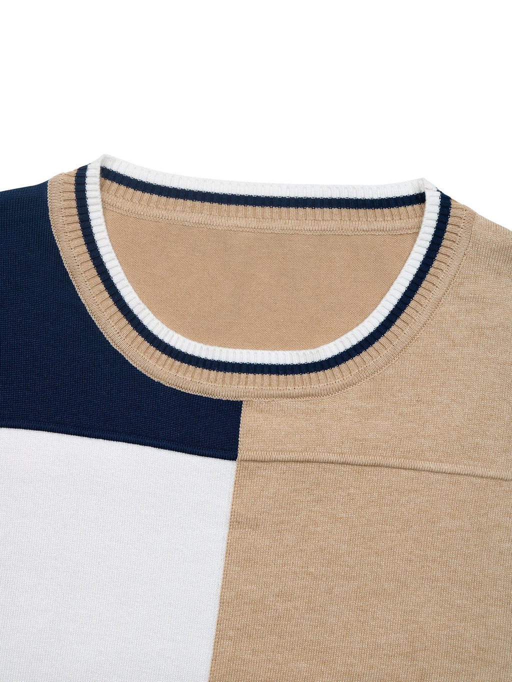 Color Block Patchwork Round Neck Knit Top - Blue - 3