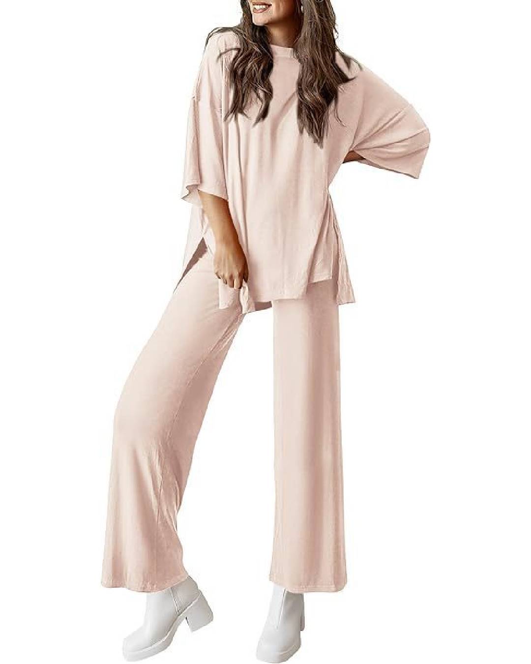 Ribbed Knit Split Hem Top And Pants Set - Beige