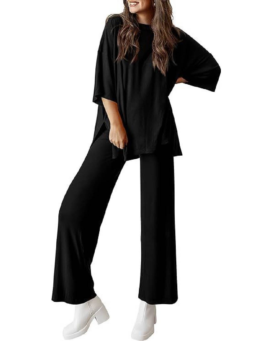 Ribbed Knit Split Hem Top And Pants Set - Black