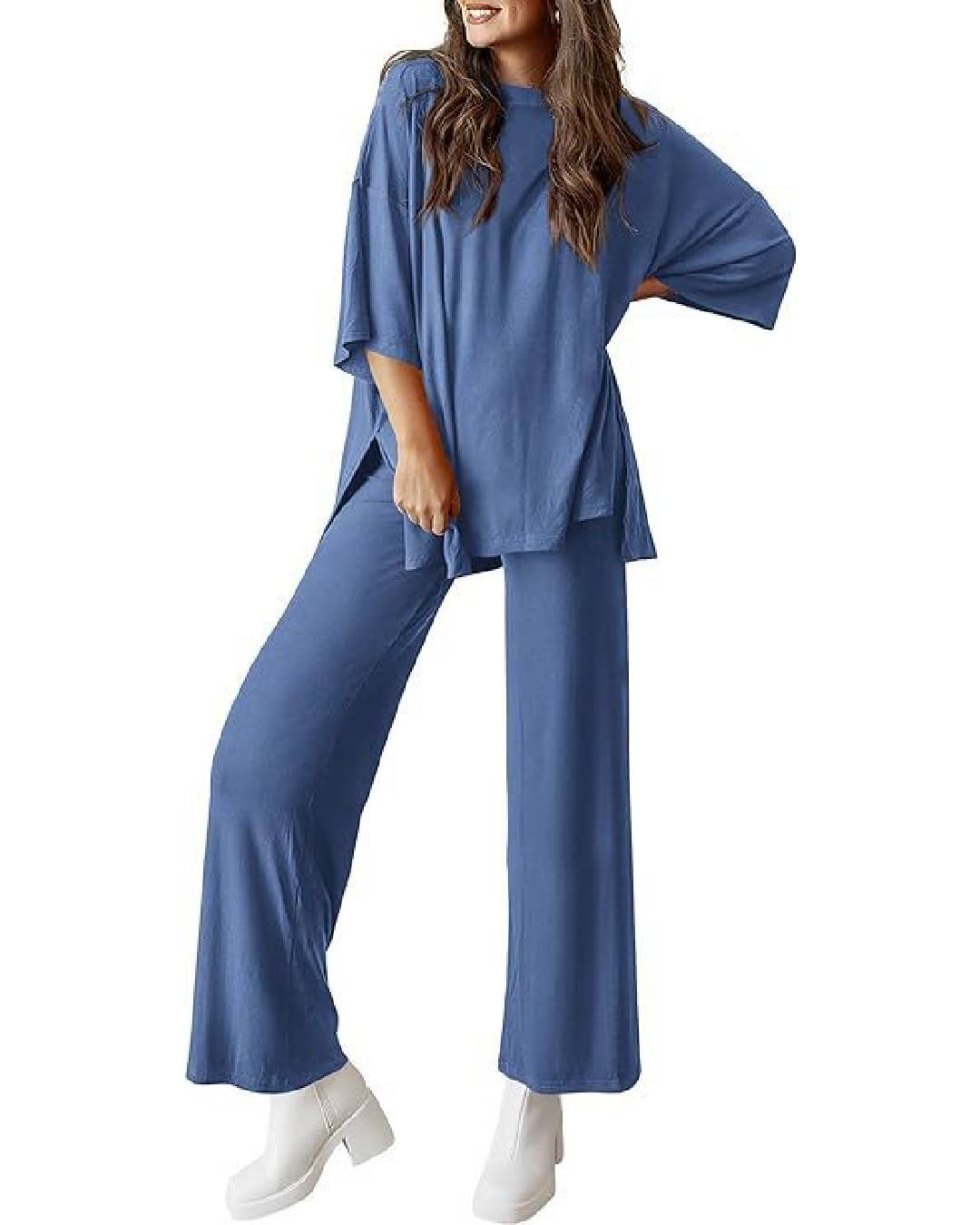 Ribbed Knit Split Hem Top And Pants Set - Blue