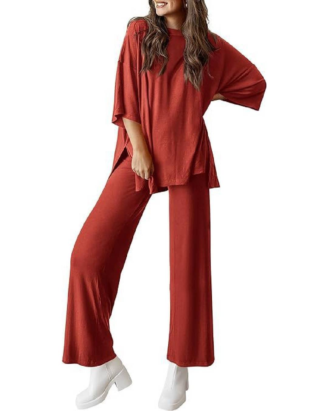 Ribbed Knit Split Hem Top And Pants Set - BrickRed
