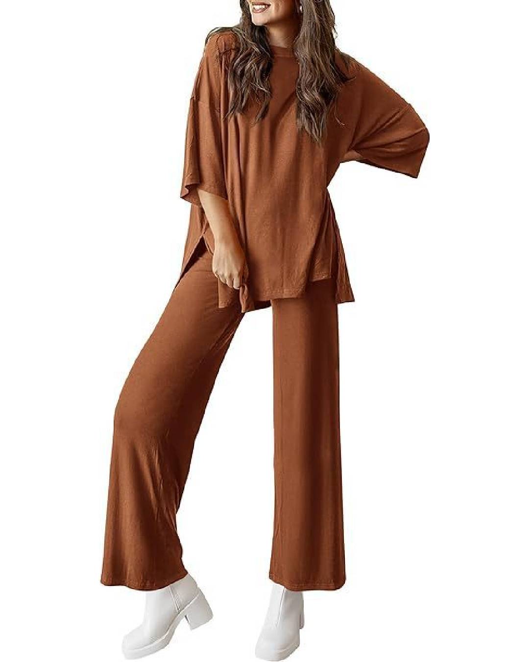 Ribbed Knit Split Hem Top And Pants Set - Brown
