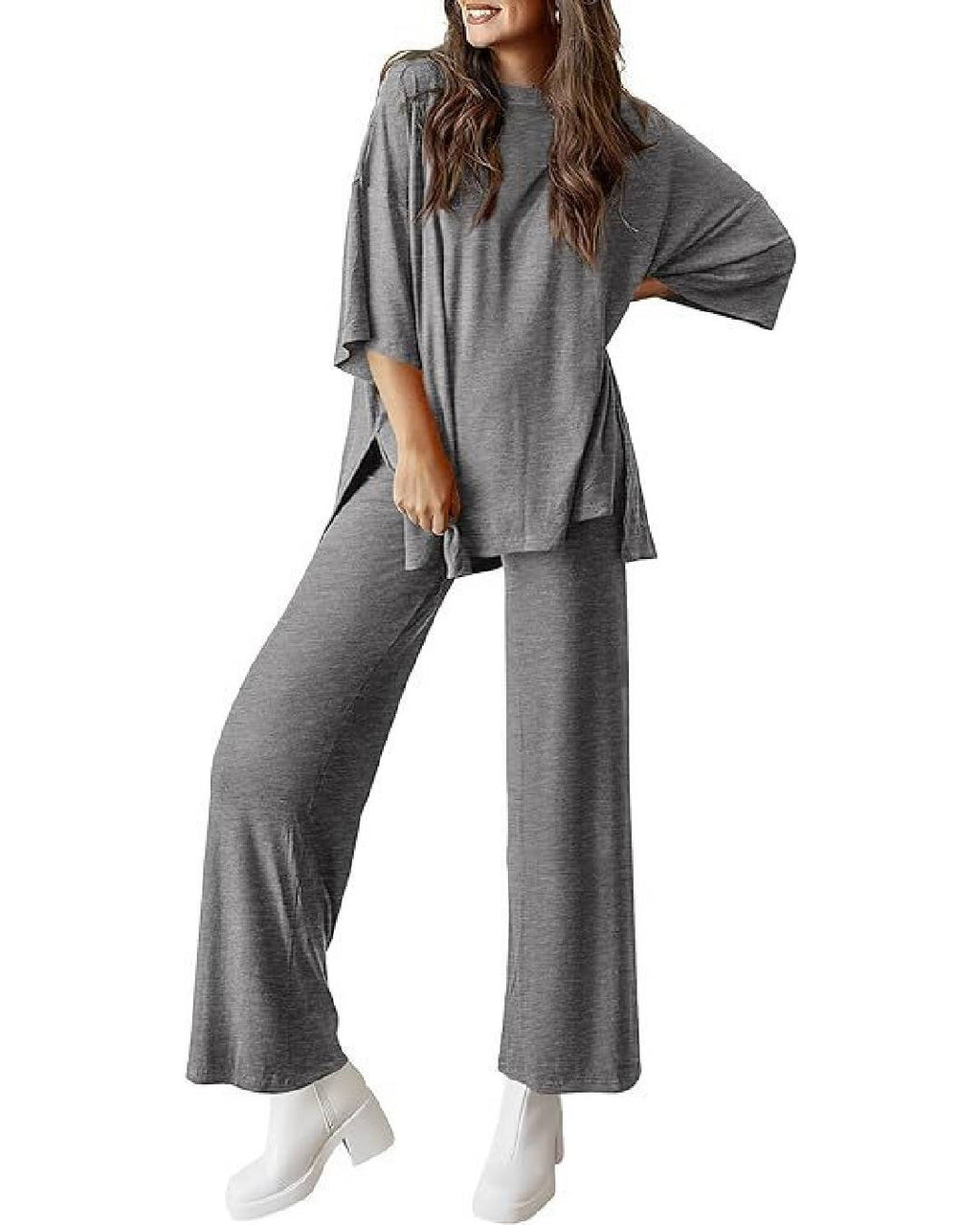 Ribbed Knit Split Hem Top And Pants Set - DarkGray