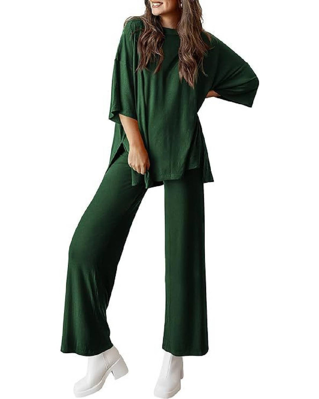 Ribbed Knit Split Hem Top And Pants Set - DkGreen
