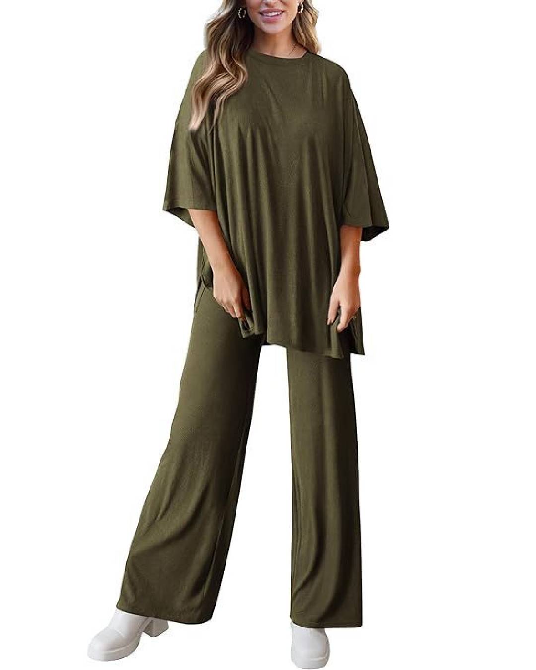 Ribbed Knit Split Hem Top And Pants Set - Green