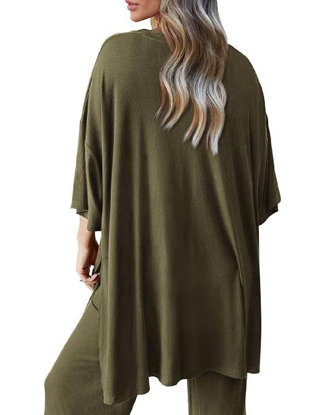 Ribbed Knit Split Hem Top And Pants Set - Green - 1