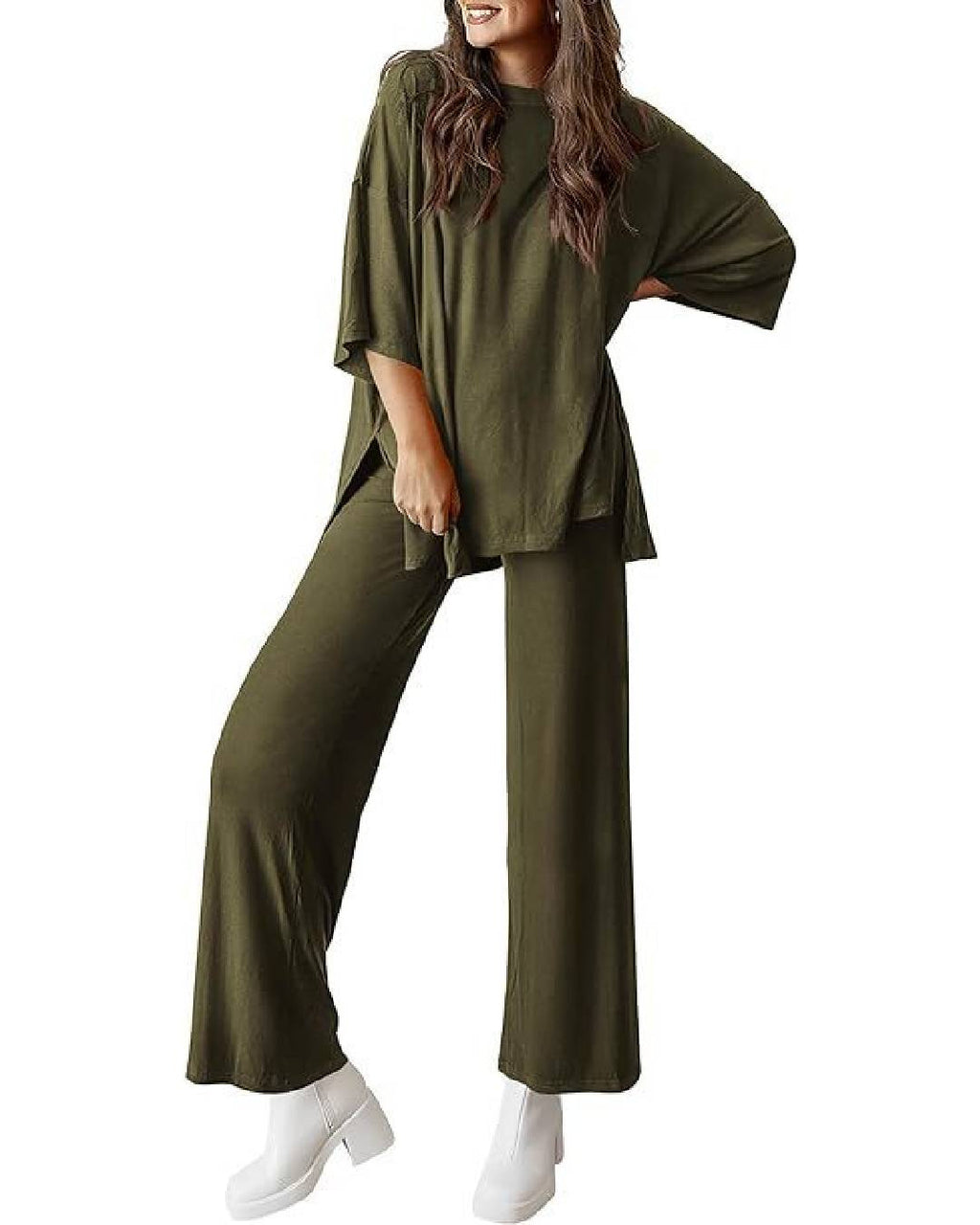 Ribbed Knit Split Hem Top And Pants Set - Green - 2
