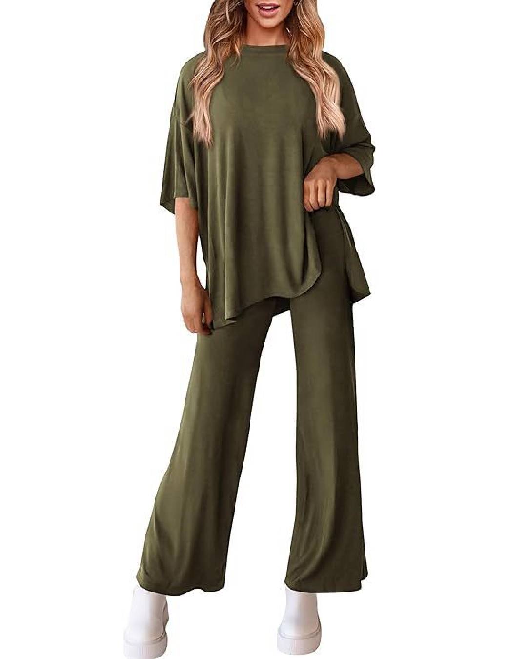 Ribbed Knit Split Hem Top And Pants Set - Green - 3