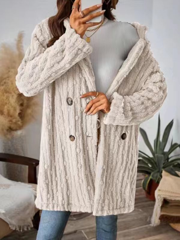 Textured Plush Double Breasted Coat - White