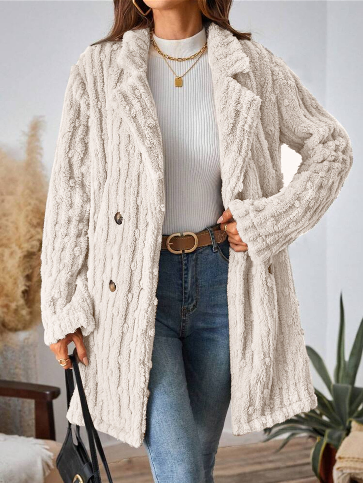 Textured Plush Double Breasted Coat - White - 1