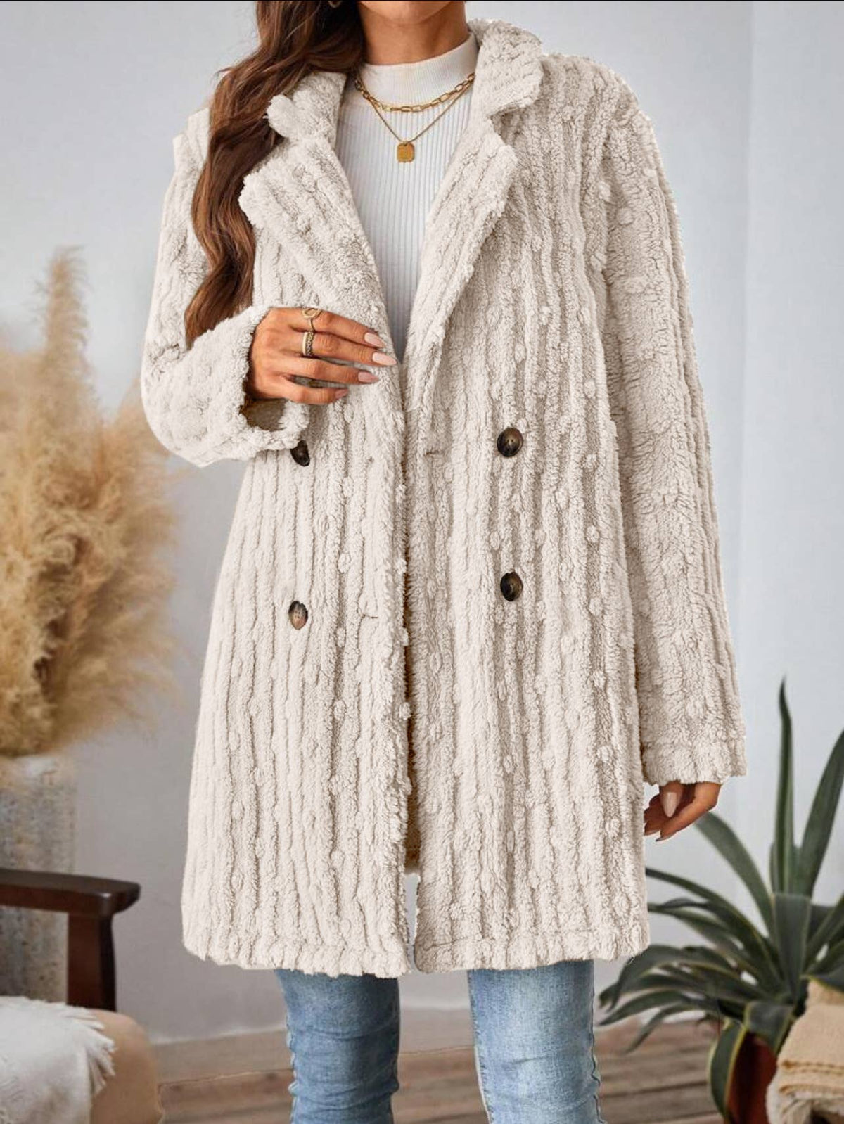 Textured Plush Double Breasted Coat