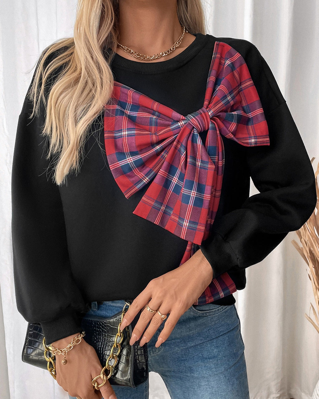 Plaid Bow Accent Crewneck Sweatshirt - Black - 1
